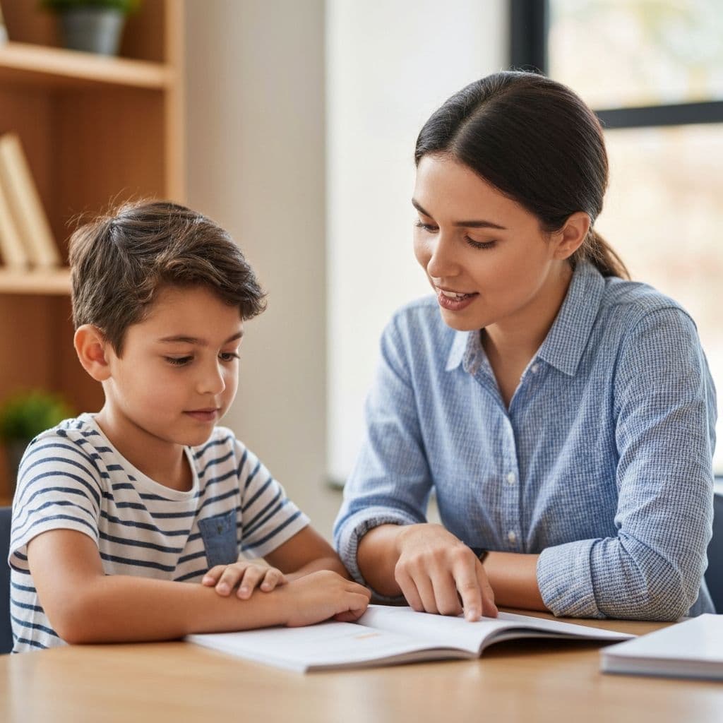 Female tutor working one-on-one with a young child at a table