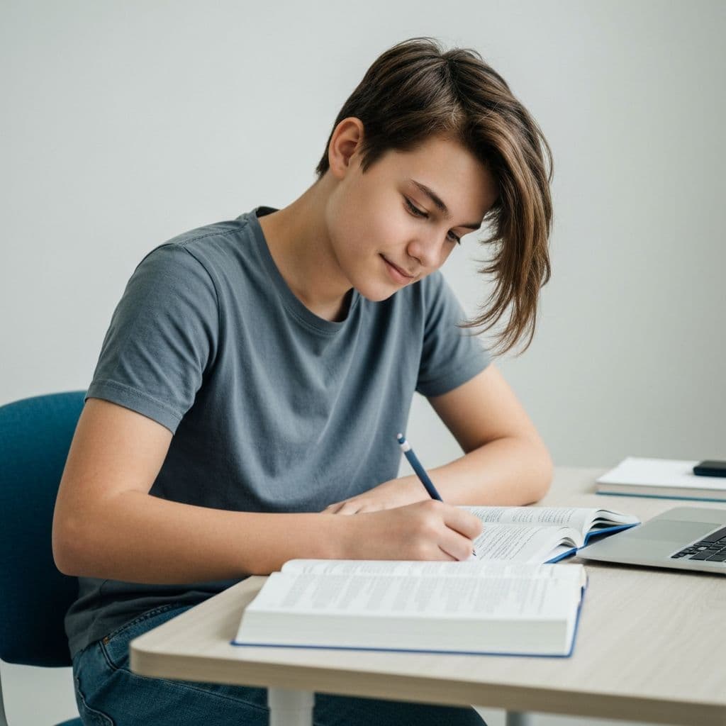 High school student studying at desk with books and laptop